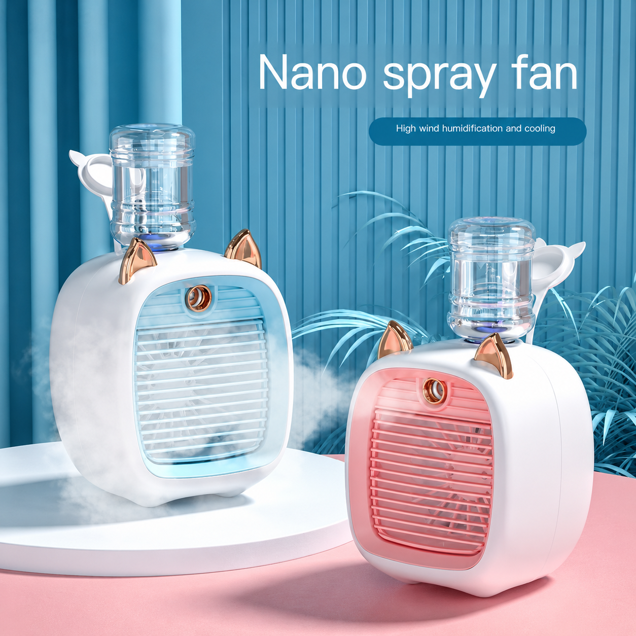 Mini cat-shaped mist fan with night light on a desk