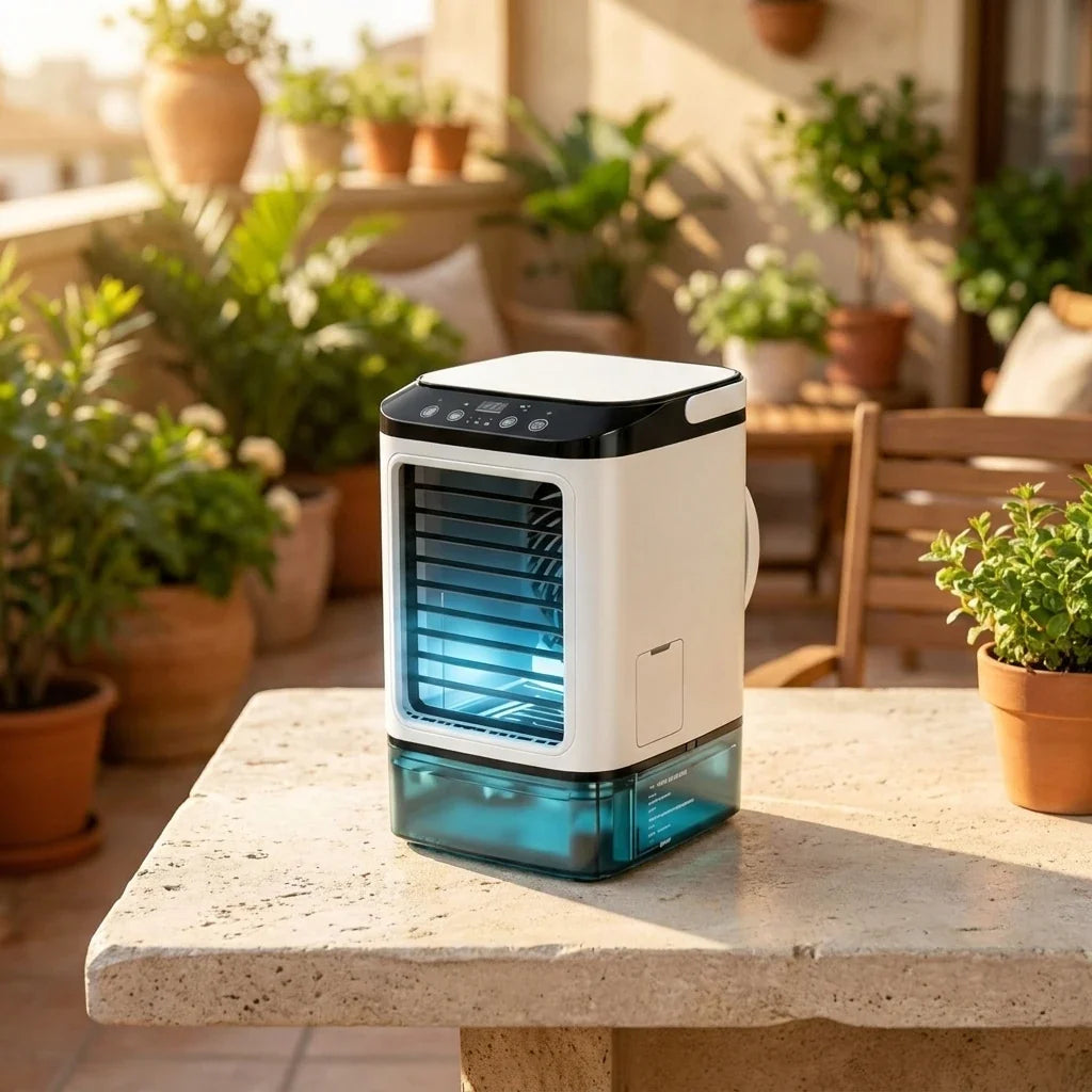 Mini personal air cooler with soft night light for a nursery