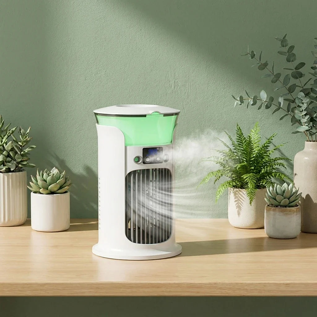 Quiet desktop air cooler in a spa treatment room