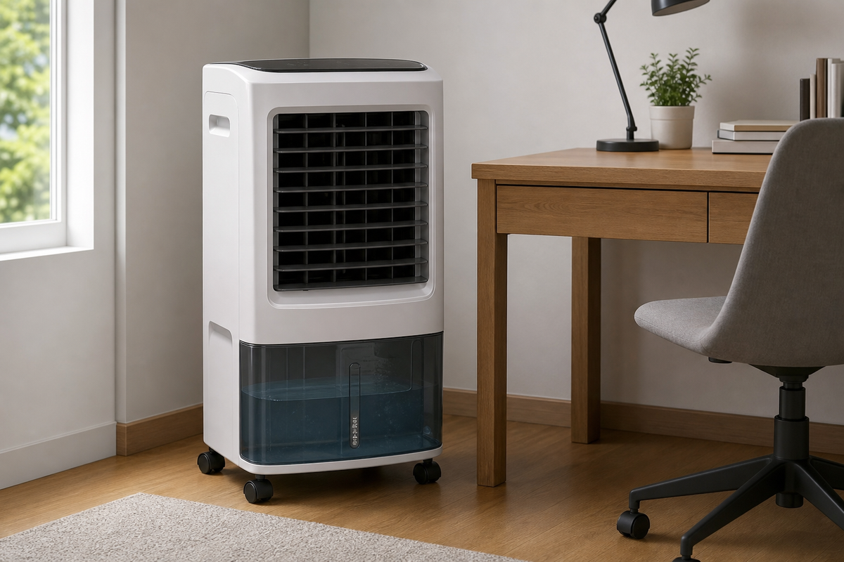 Portable evaporative air cooler beside a desk in a small room