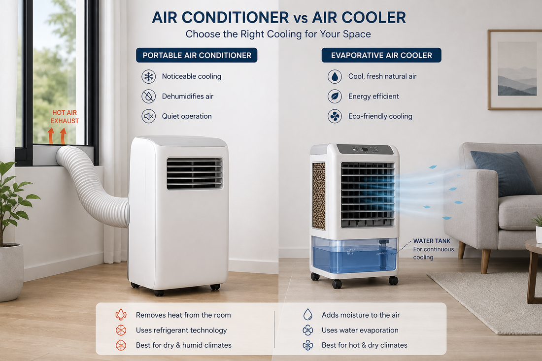 Portable air conditioner and evaporative air cooler shown side by side in a room.