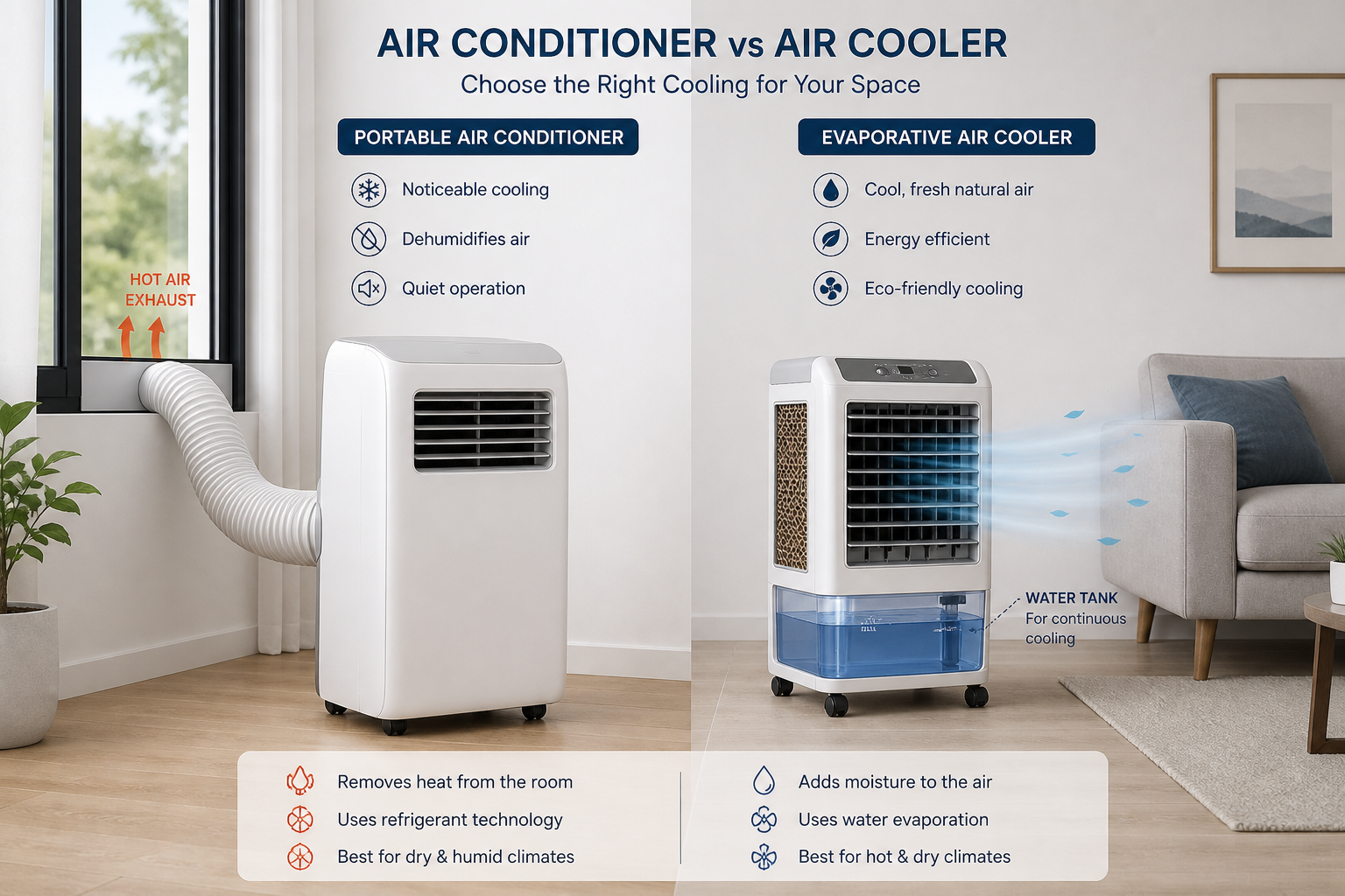 Portable air conditioner and evaporative air cooler shown side by side in a room.