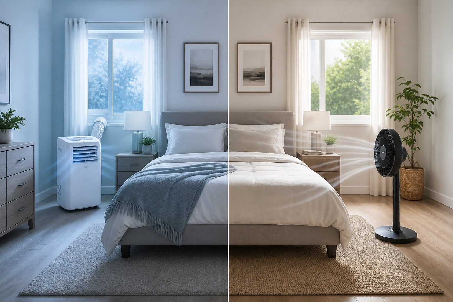 A bedroom split into two views showing a portable air conditioner on one side and a fan on the other side.