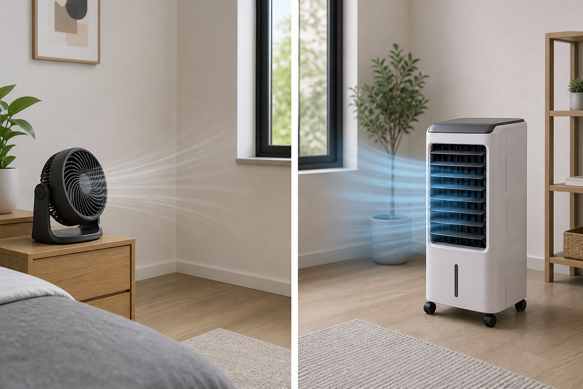 A compact fan and a portable air cooler placed side by side in a small room.