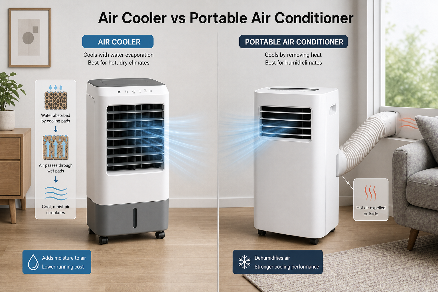 Air cooler and portable air conditioner side by side in a room