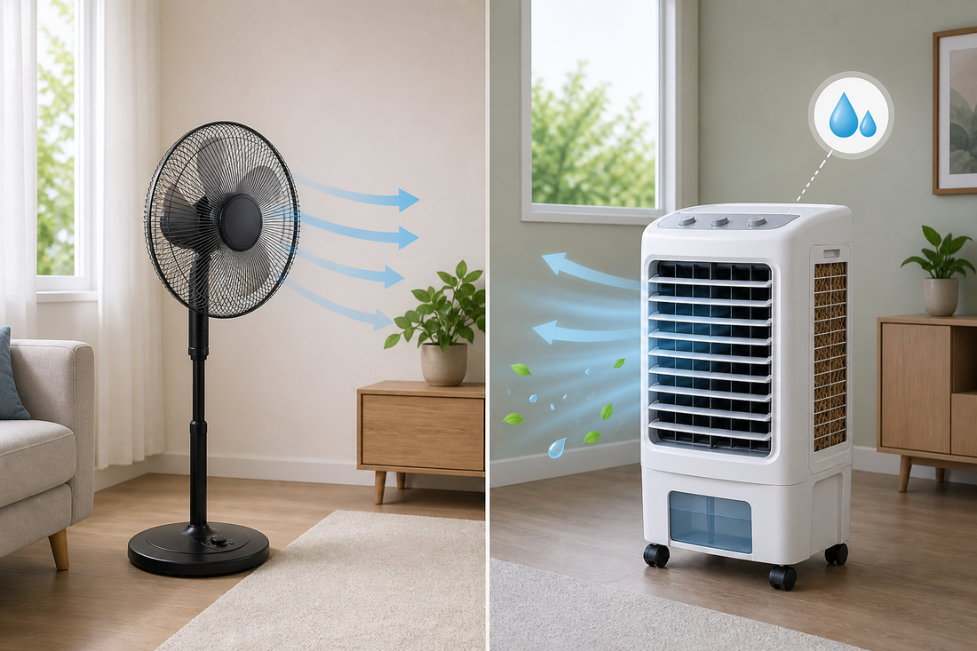 A standard room fan and a portable air cooler placed side by side in a home interior.