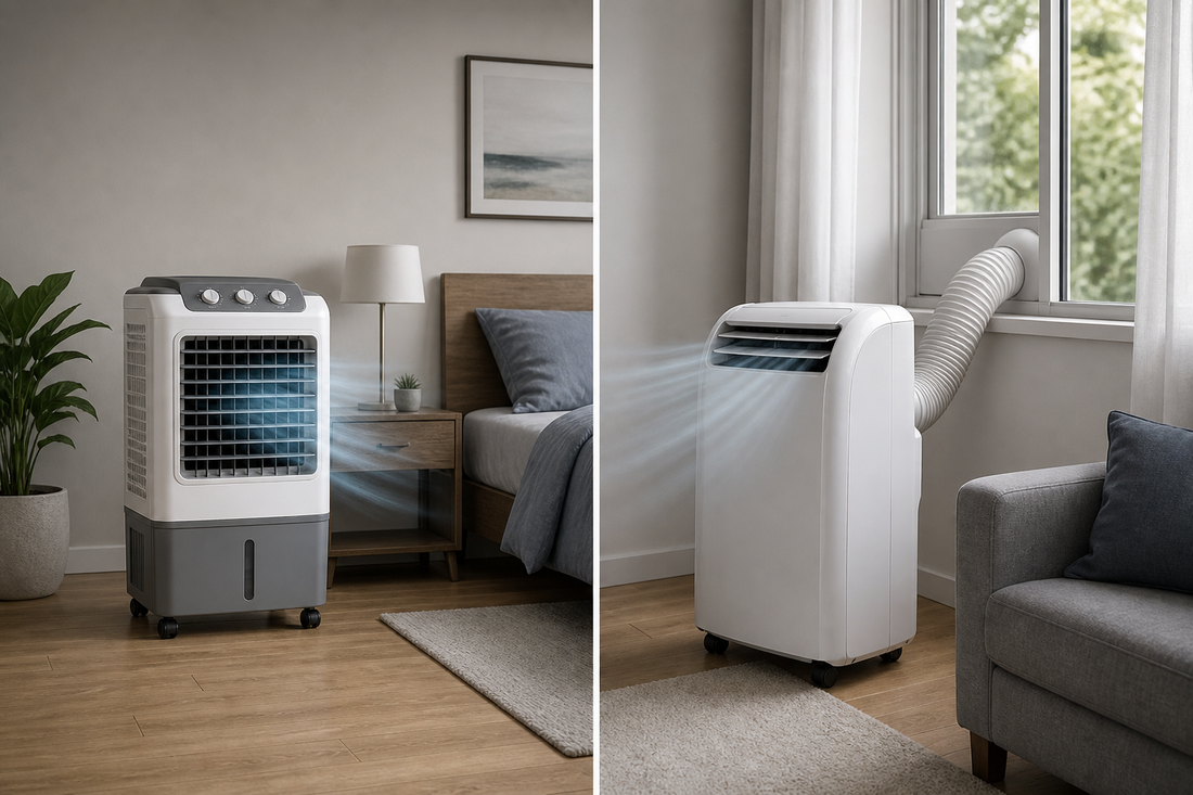 An air cooler and a portable air conditioner placed side by side in a room, with the portable AC vented through a window.