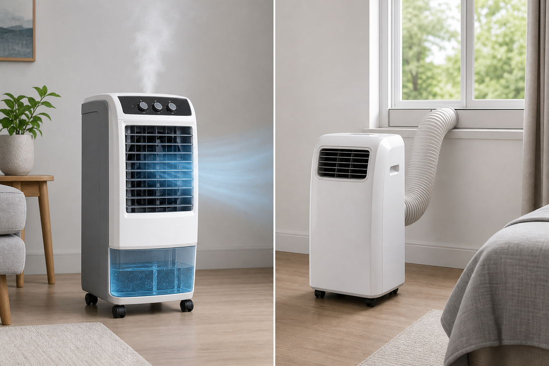 An air cooler and a portable air conditioner placed side by side in a room, with the portable air conditioner connected to a window hose.