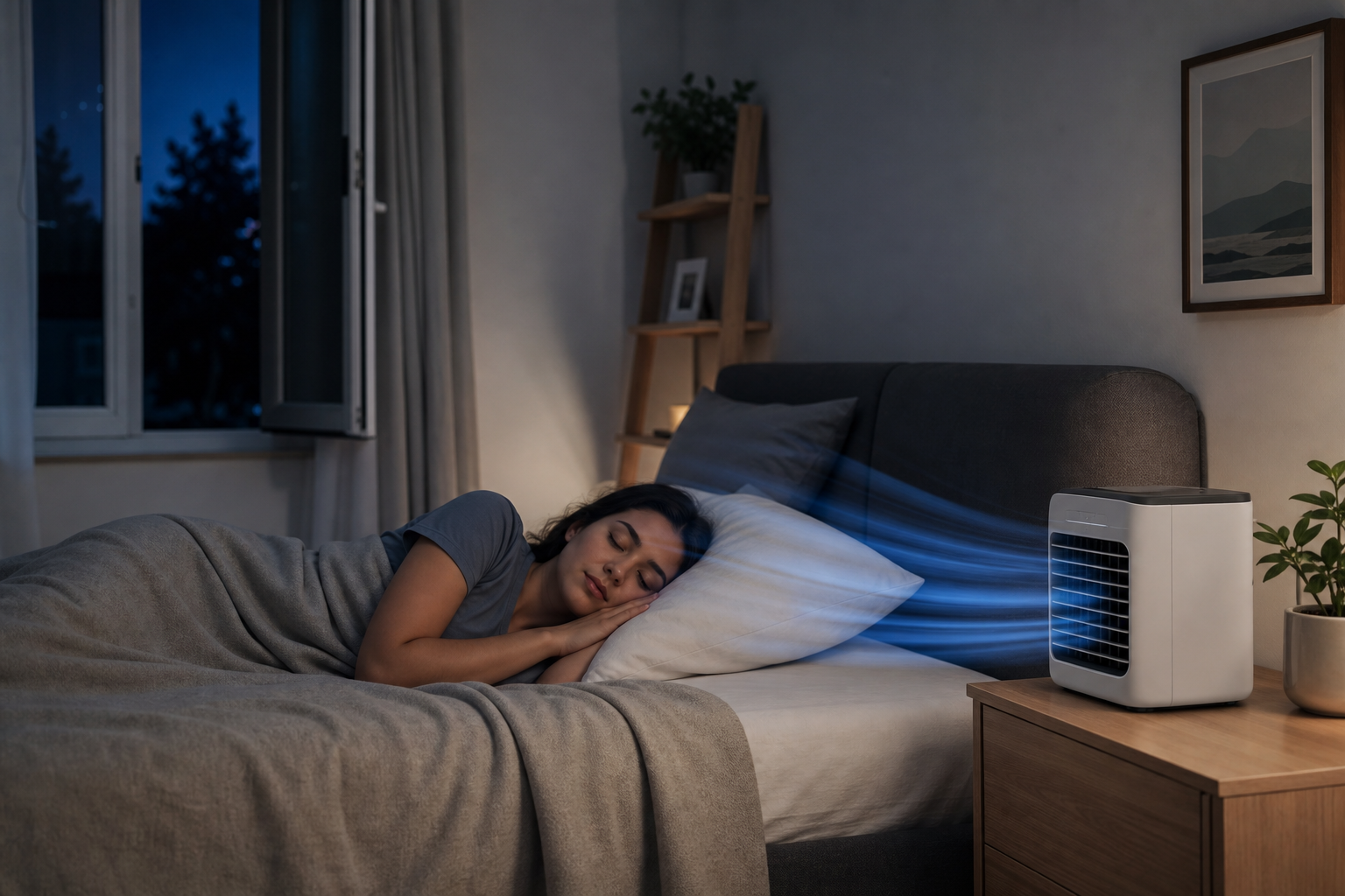 Compact air cooler on a bedside table in a bedroom at night