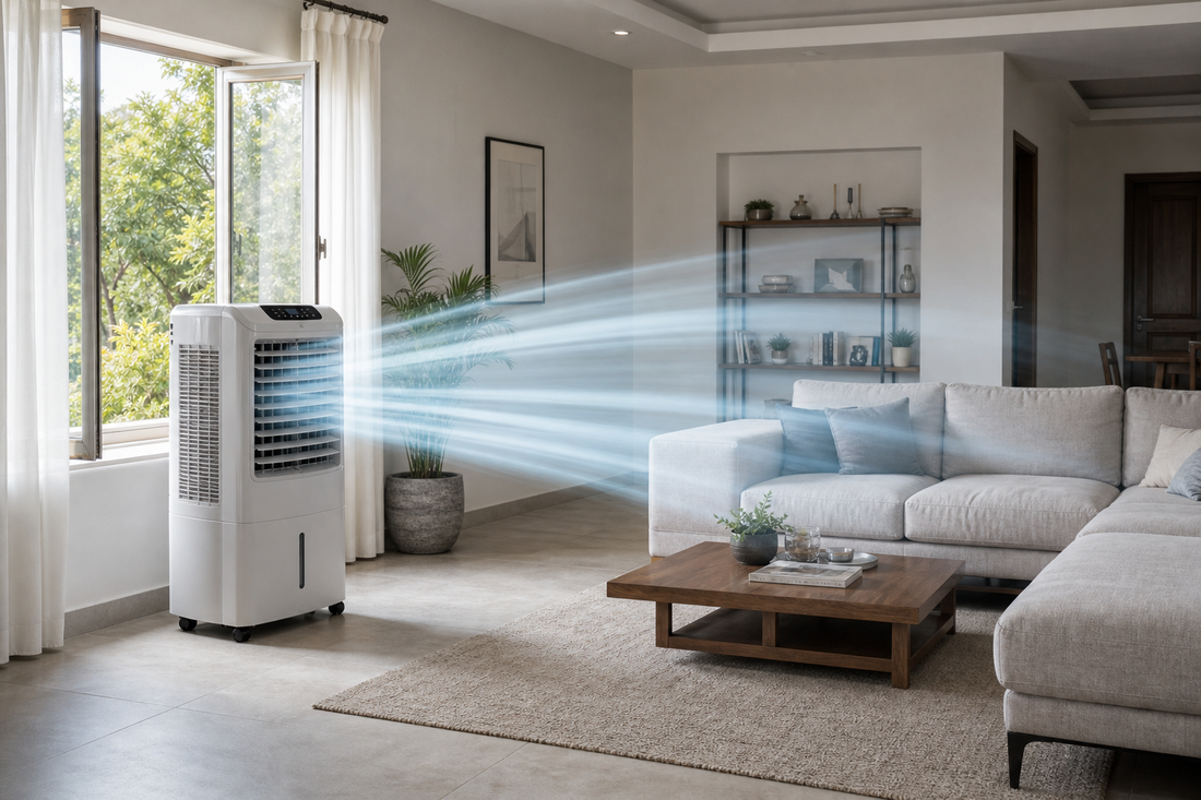 Large living room with a full-size air cooler placed near an open window