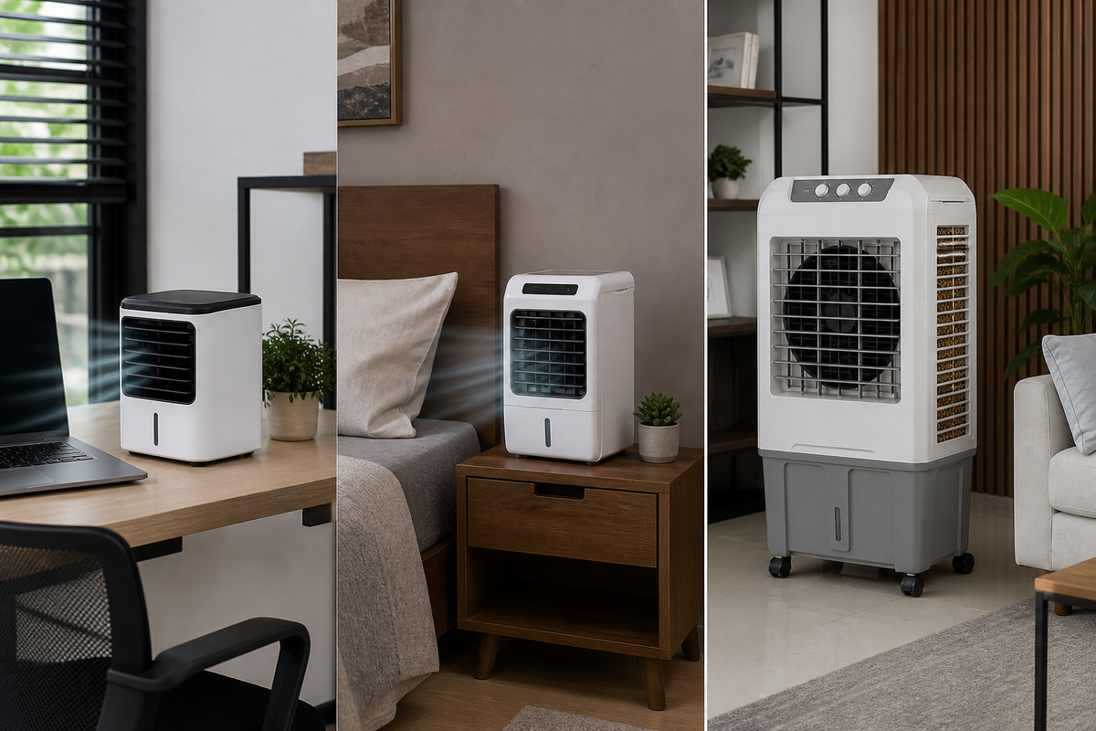 A desk air cooler, a bedside air cooler, and a larger evaporative cooling tower in different indoor spaces.