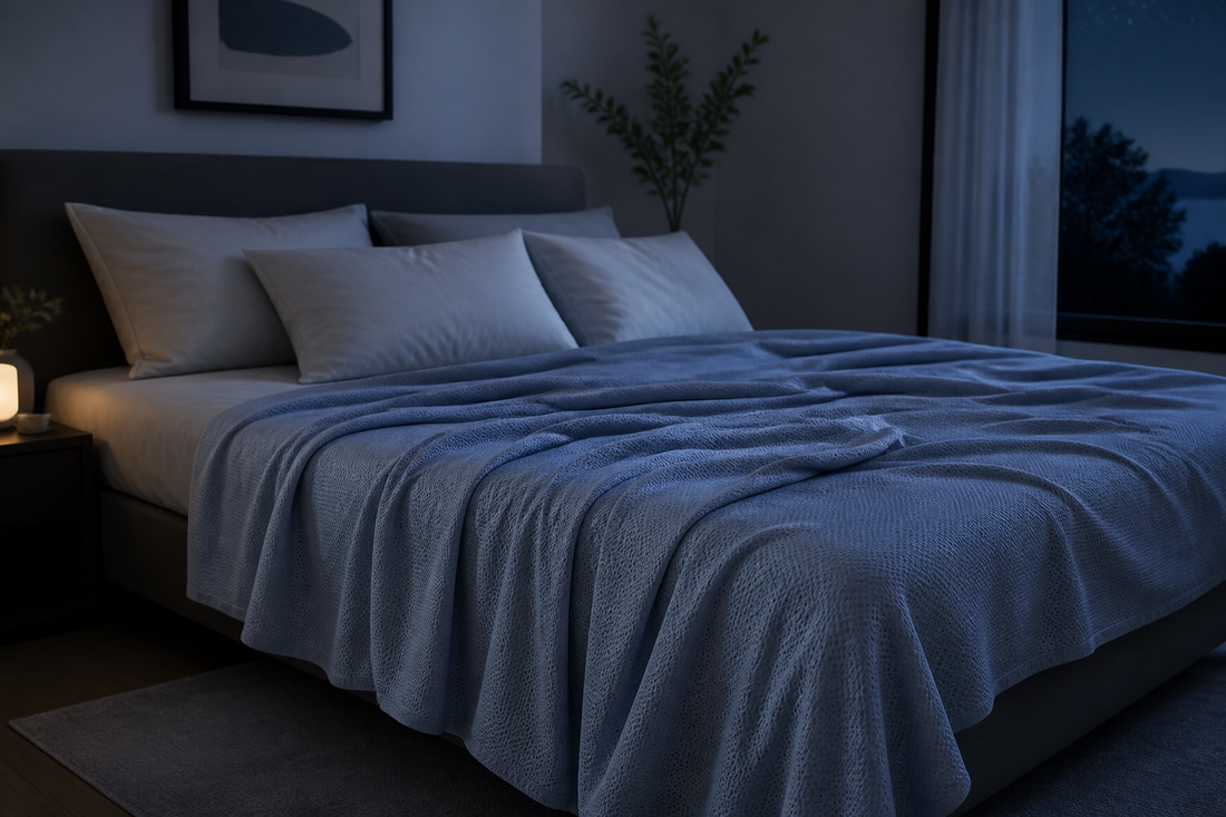 Lightweight cooling blanket spread across a bed in a modern bedroom