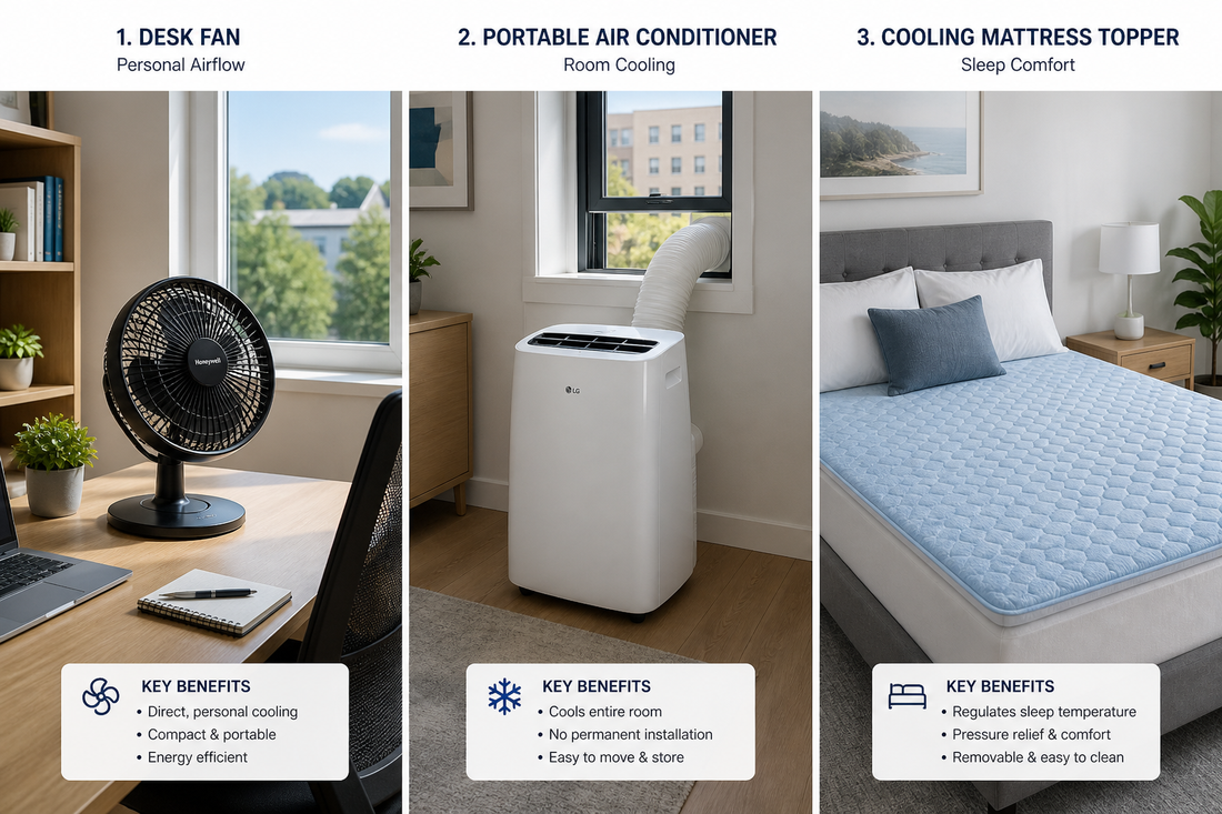 Desk fan on a work desk, portable air conditioner vented at a window, and cooling bedding on a bed in a summer room.