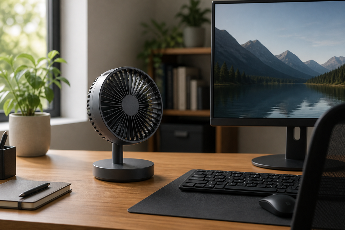 Compact desk fan on a home office desk next to a monitor and keyboard
