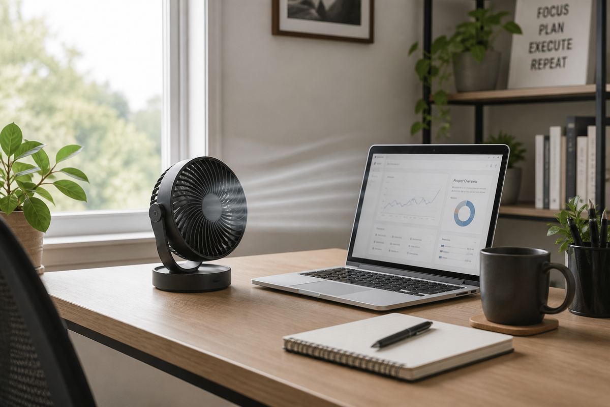 Home office desk with a compact fan next to a laptop and monitor