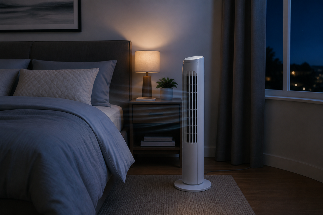 A quiet tower fan beside a bed in a dimly lit bedroom at night.