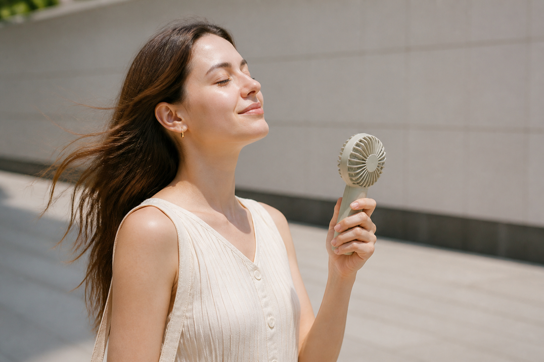 Person using a compact rechargeable handheld fan outdoors on a hot day