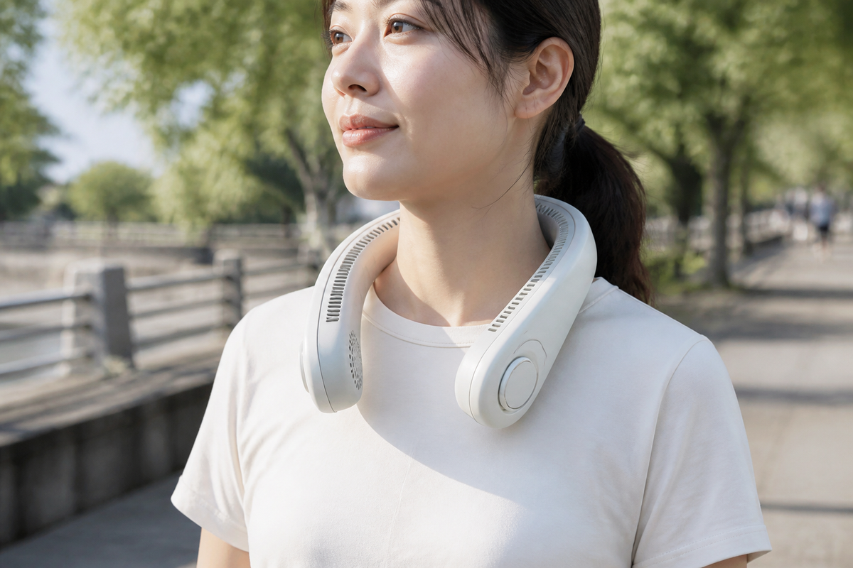 Adult wearing a bladeless neck fan outdoors in warm weather