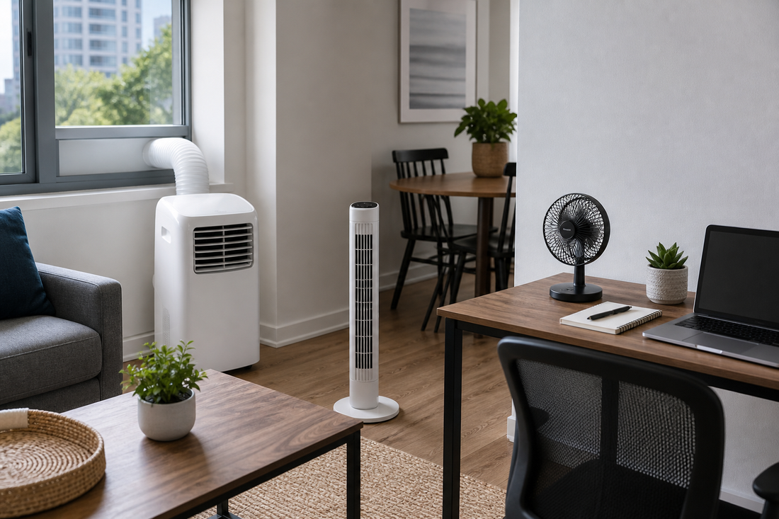 Portable air conditioner, tower fan, and desk fan in a small apartment living space