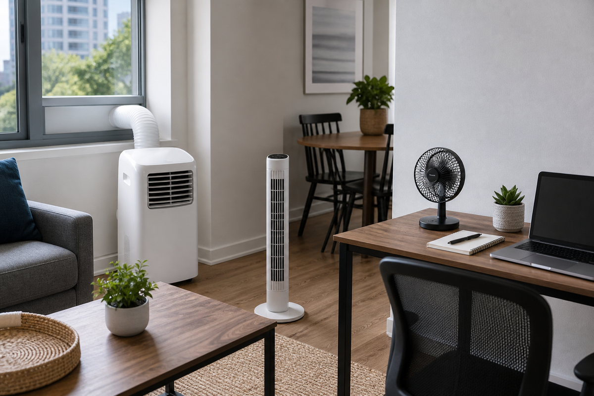 Portable air conditioner, tower fan, and desk fan in a small apartment living space