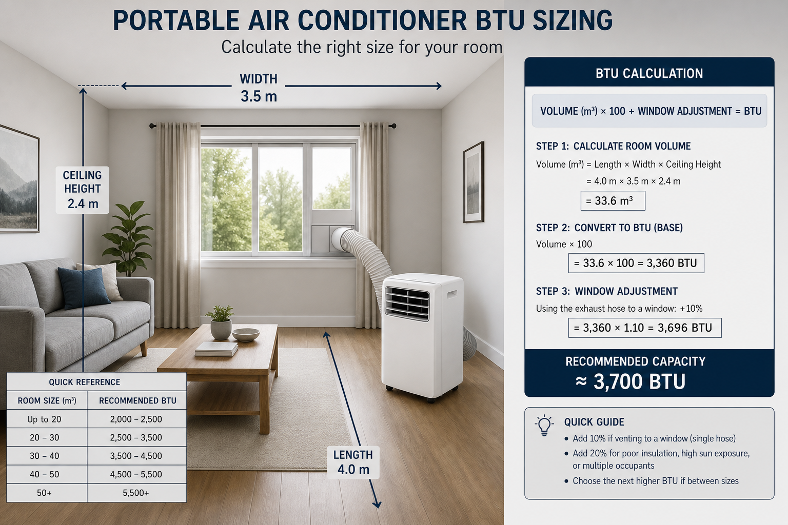 Illustration of a room measurement and BTU calculation for sizing a portable air conditioner.