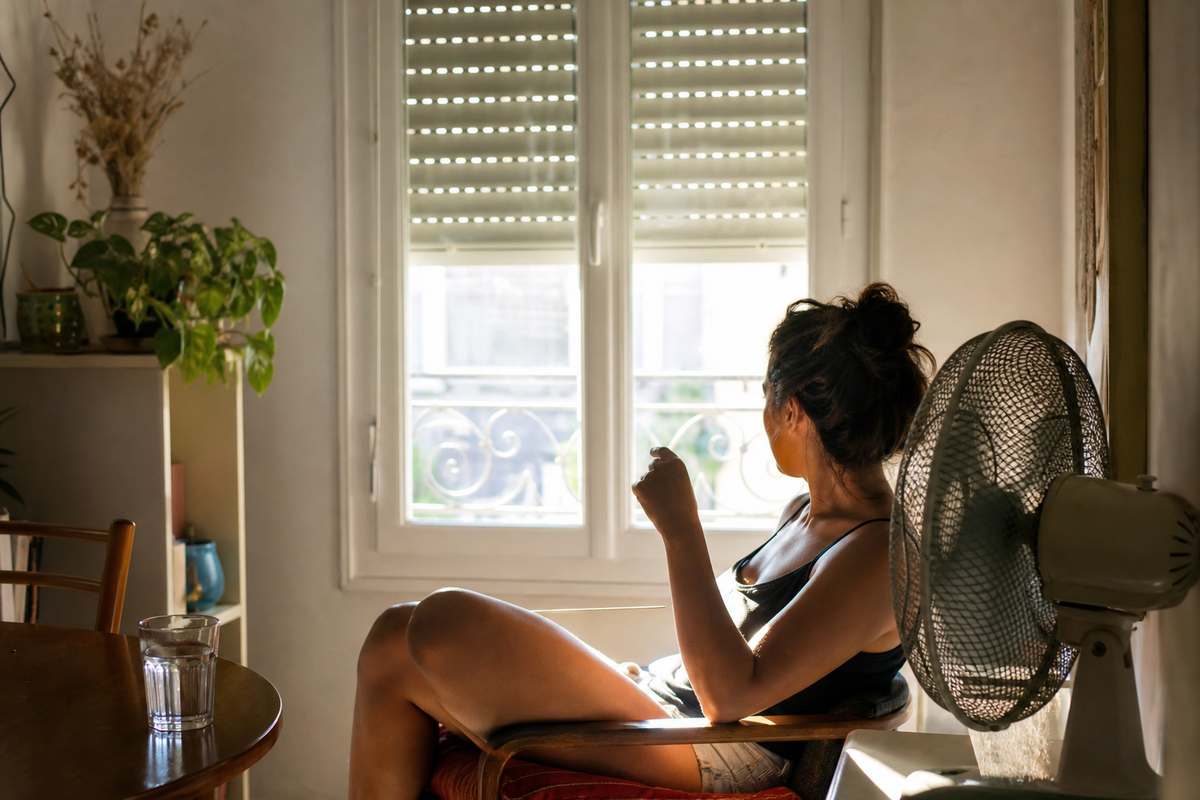 Piece de vie pendant une canicule avec volets fermes en partie, verre d'eau et ventilateur pres d'une personne assise