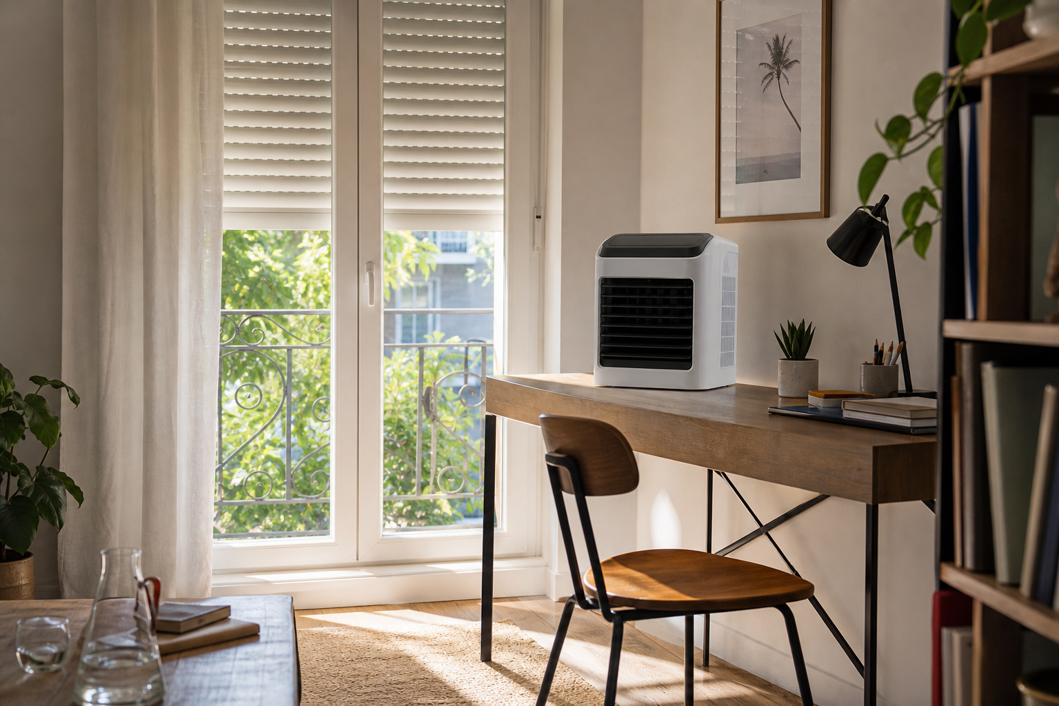 Petit espace avec appareil de rafraichissement basse consommation pose sur un bureau pres d'une fenetre