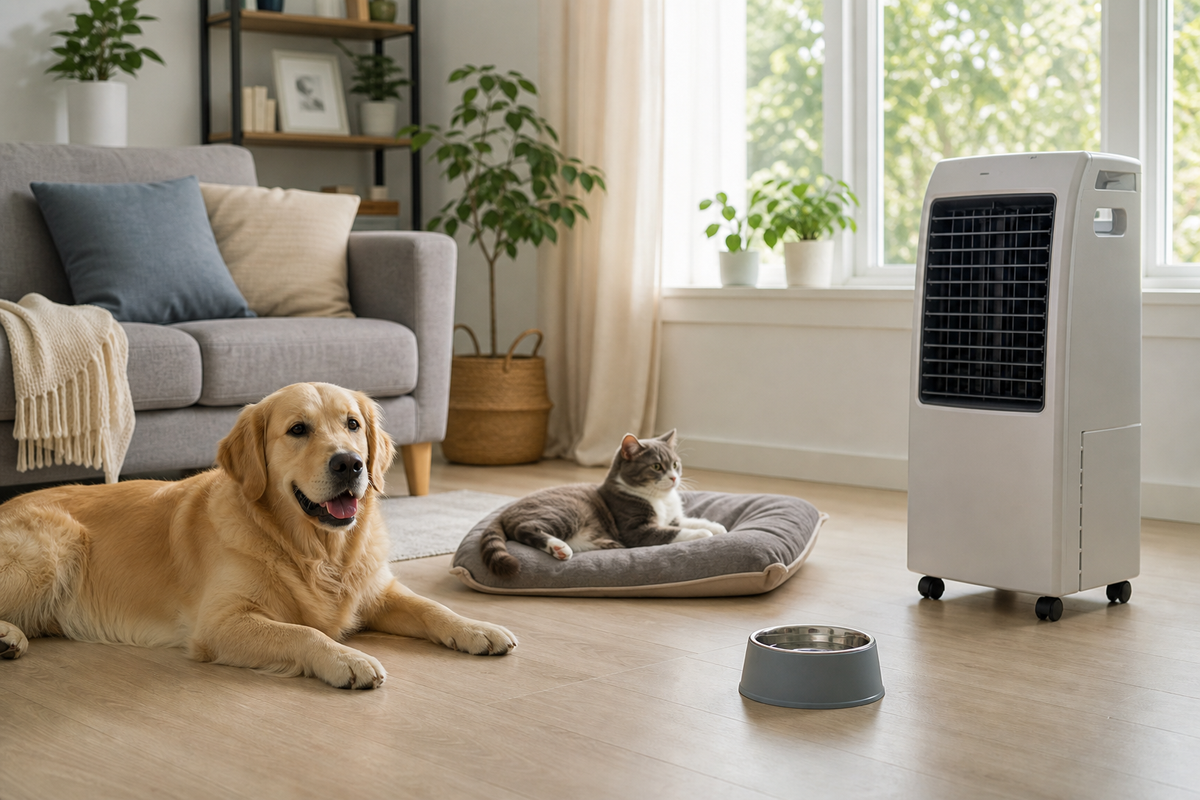 Un chien et un chat allonges dans un salon pres d'un appareil de refroidissement portable place sur le cote.