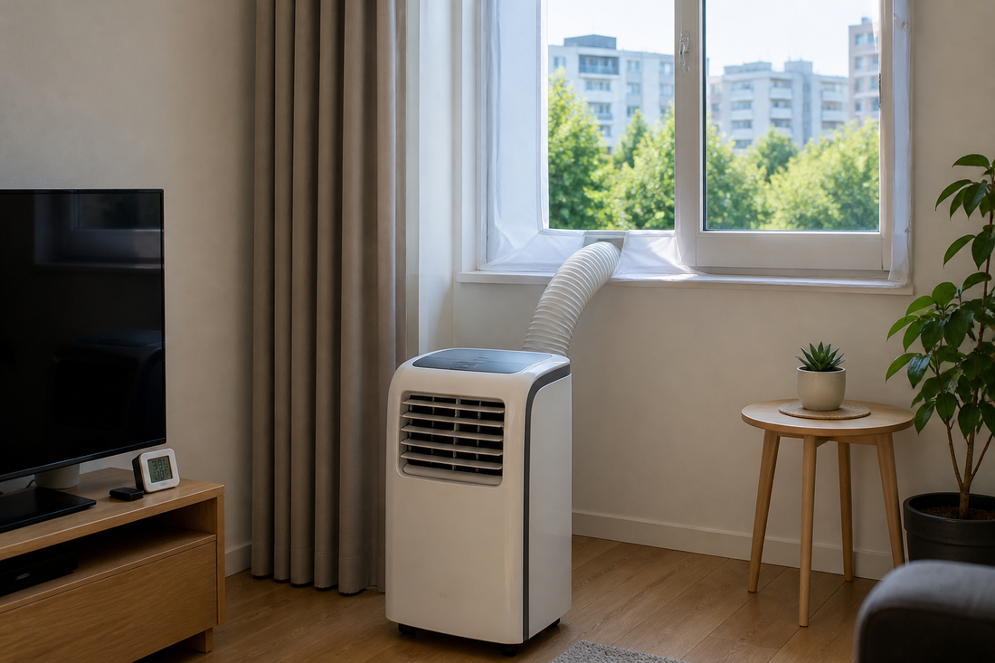Mobile cooling device placed near a window in an apartment without wall drilling
