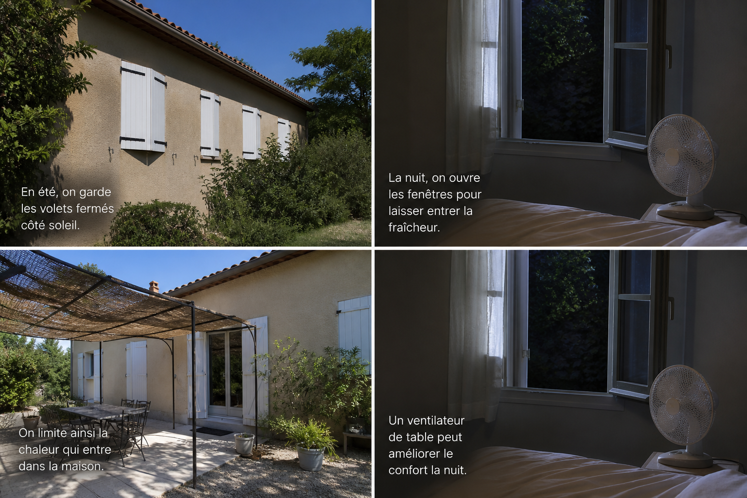 Maison en ete avec volets fermes, fenetres ouvertes et ventilateur de table dans une piece.