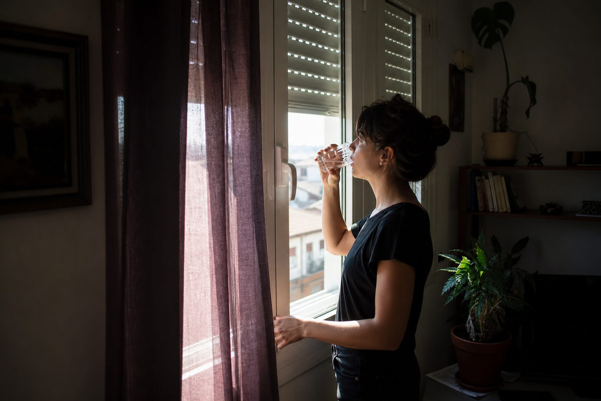 Personne buvant de l'eau dans un appartement aux volets fermes pendant une canicule