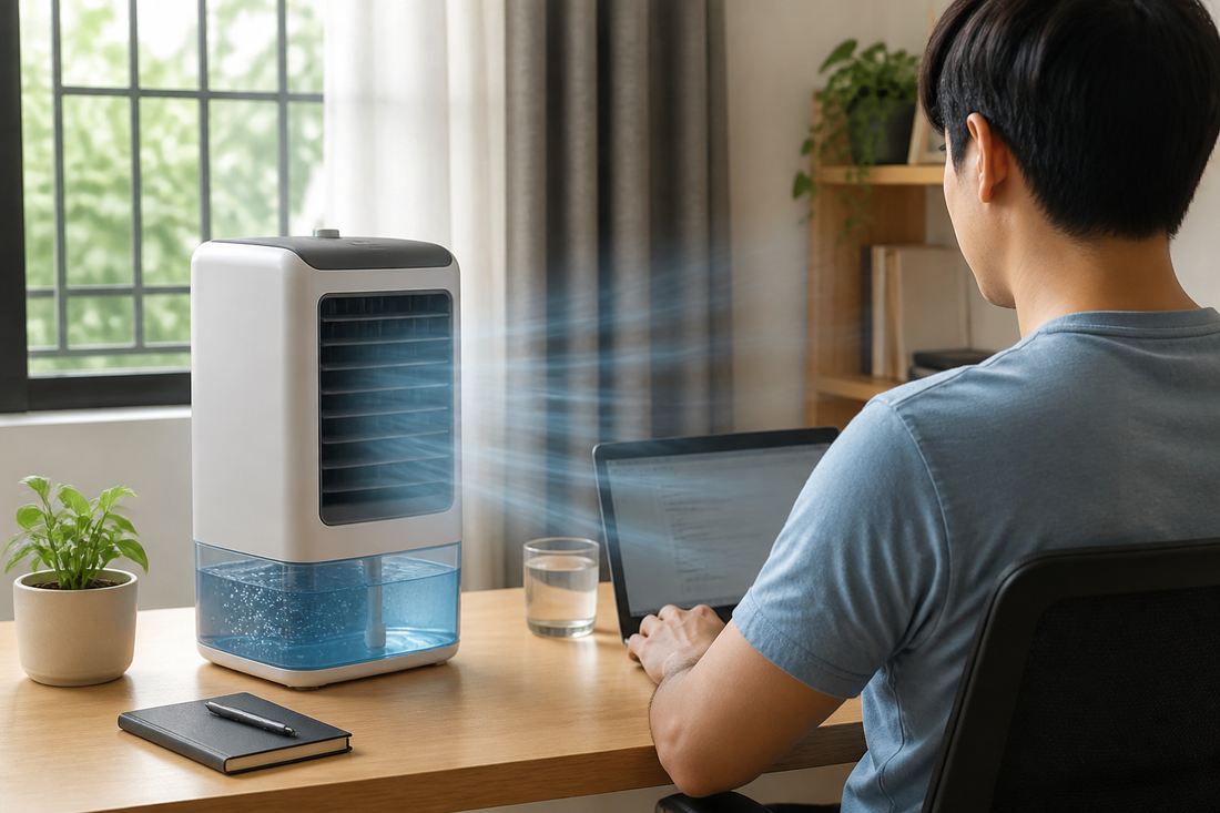 Compact air cooler on a desk blowing air toward a seated person in a bright room