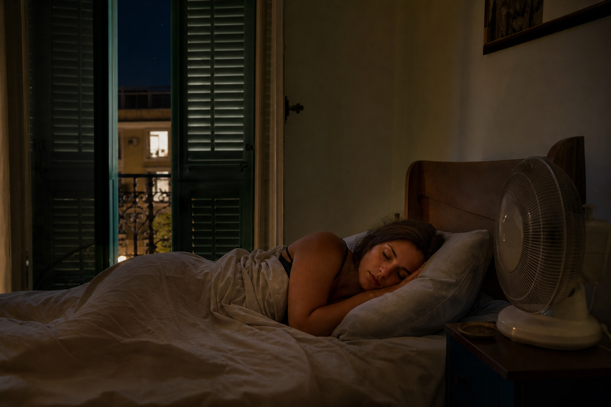 Chambre la nuit pendant une canicule avec draps legers et ventilateur de chevet