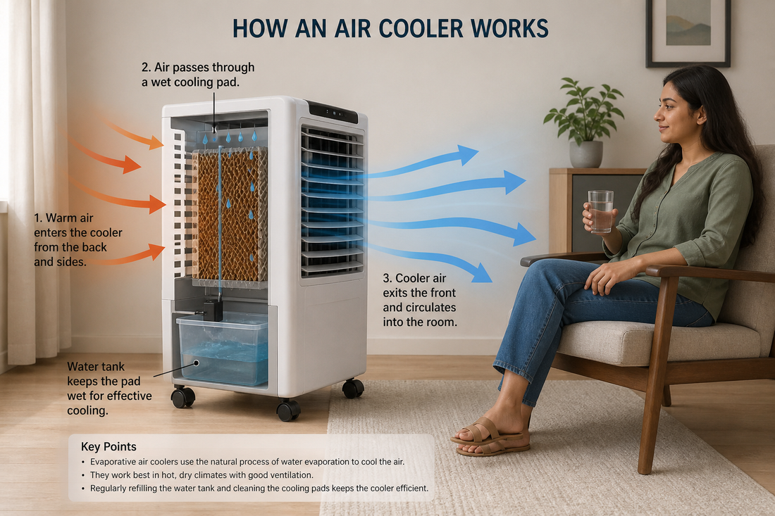 Portable air cooler diagram showing warm air entering, water evaporation inside the unit, and cooler air blowing into a room.