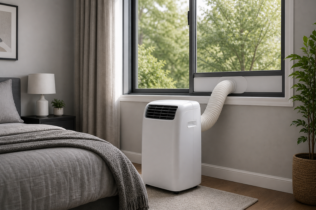 Portable air conditioner beside a bedroom window with an exhaust hose and sealed window opening