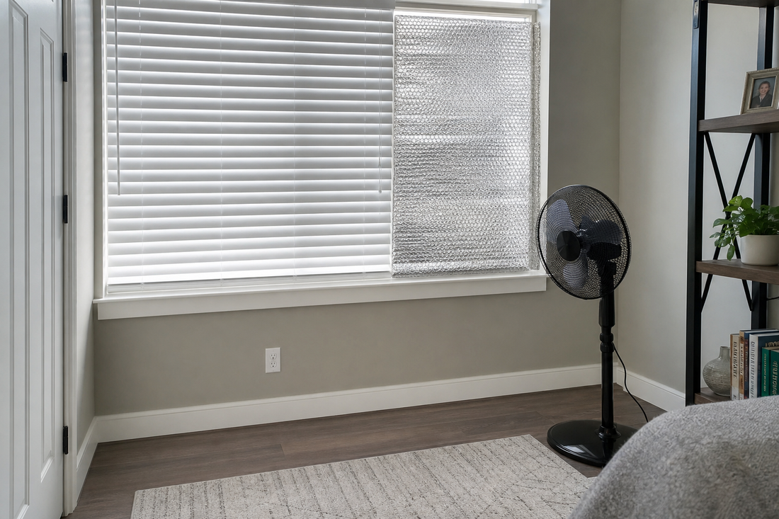 Hot room with closed blinds, a fan, and reflective window covering used to cool the space quickly.