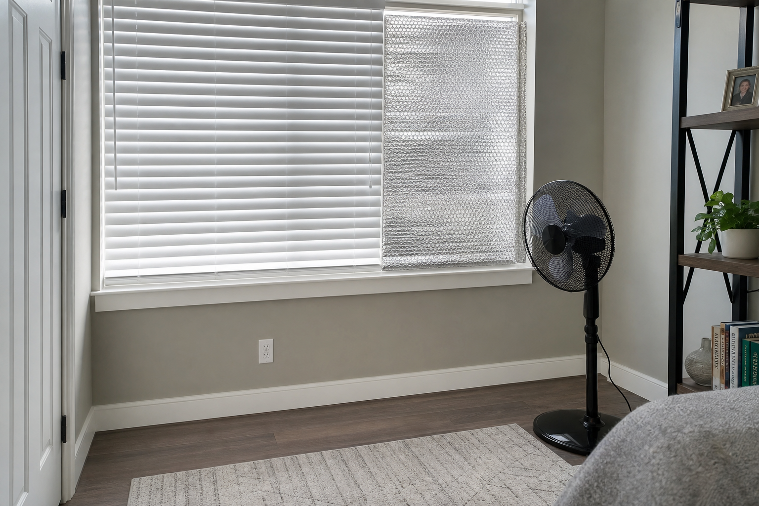Hot room with closed blinds, a fan, and reflective window covering used to cool the space quickly.