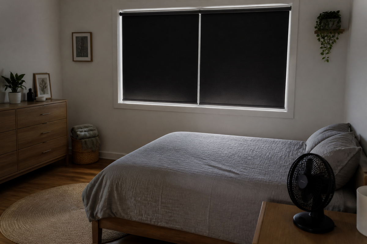Small bedroom with closed blackout window covering and a fan near the bed