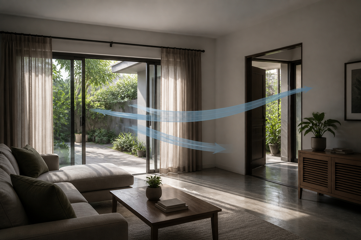 Living room with sunlight at the windows, curtains drawn, and windows open for cross-ventilation