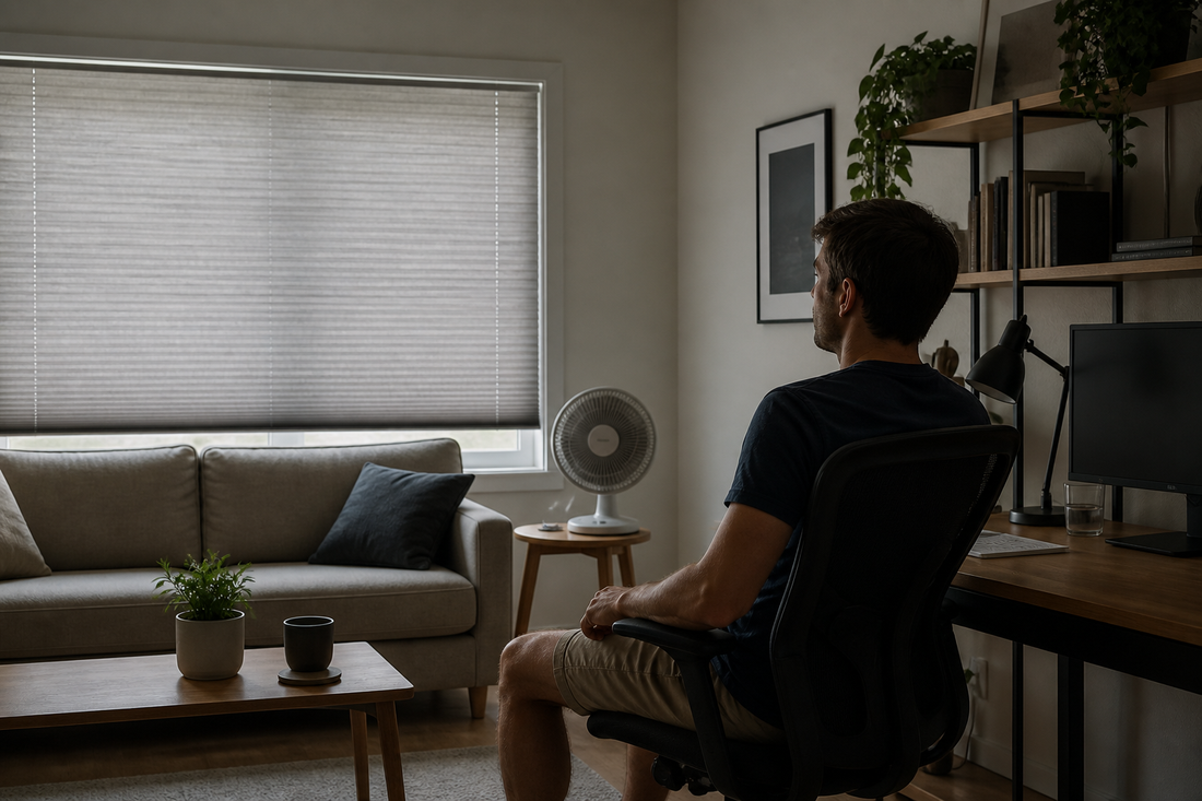 Shaded room in summer with closed blinds and a small fan on a desk.