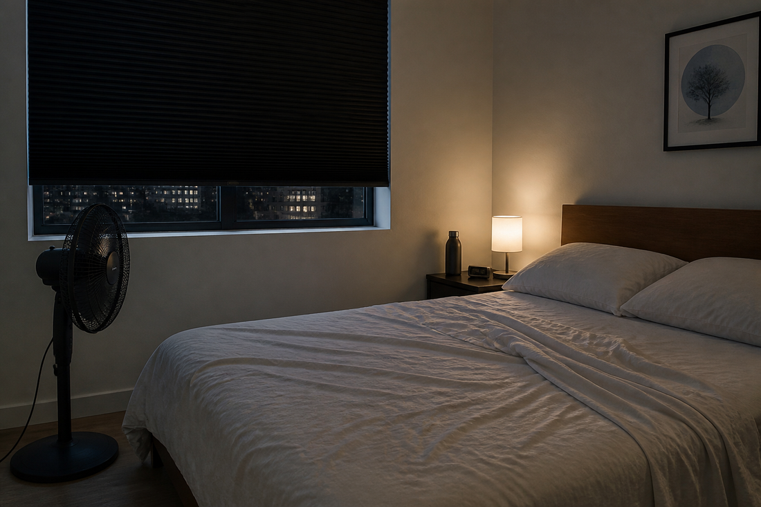 Bedroom at night with light bedding, a bedside fan, and a closed window shade during hot weather