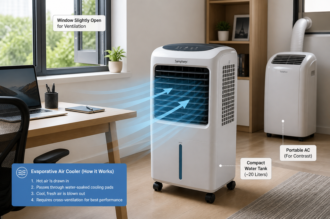 Evaporative air cooler running beside a desk in a room with a slightly open window.