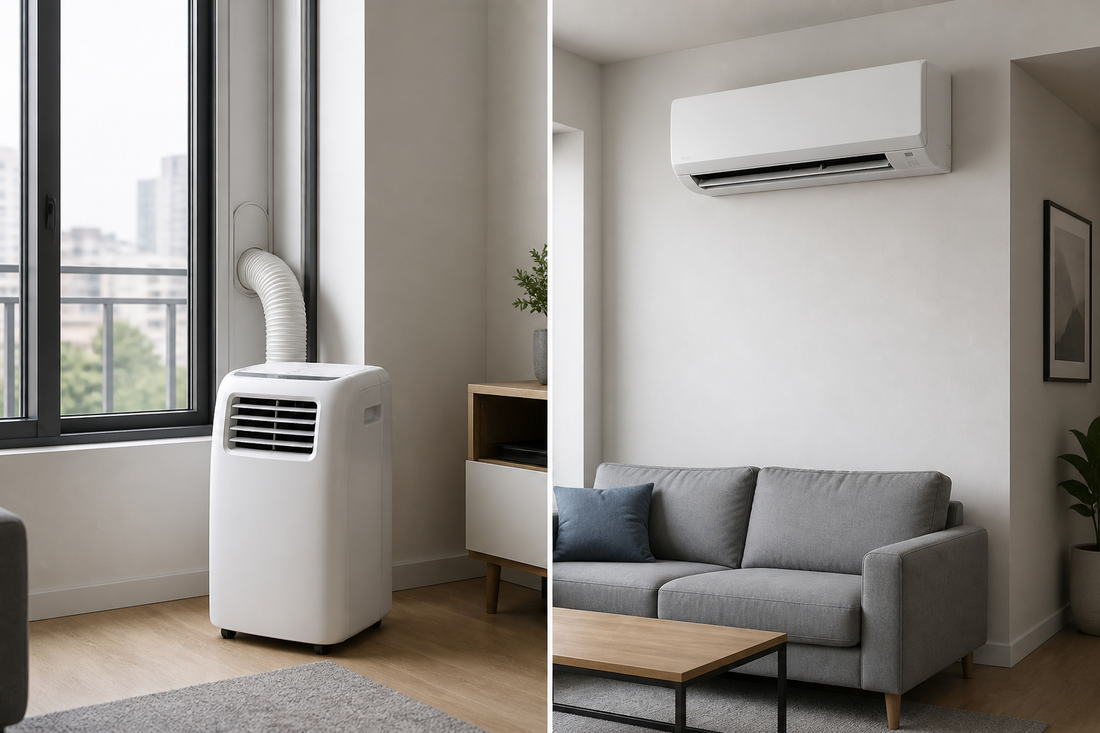 A mobile air conditioner near a window and a fixed wall-mounted air conditioner in the same room.