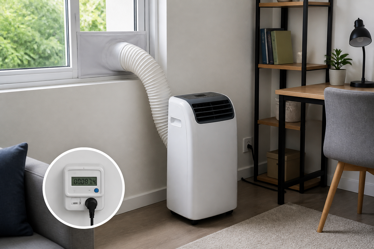 Portable air conditioner beside a window with an exhaust hose and a digital electricity usage display.