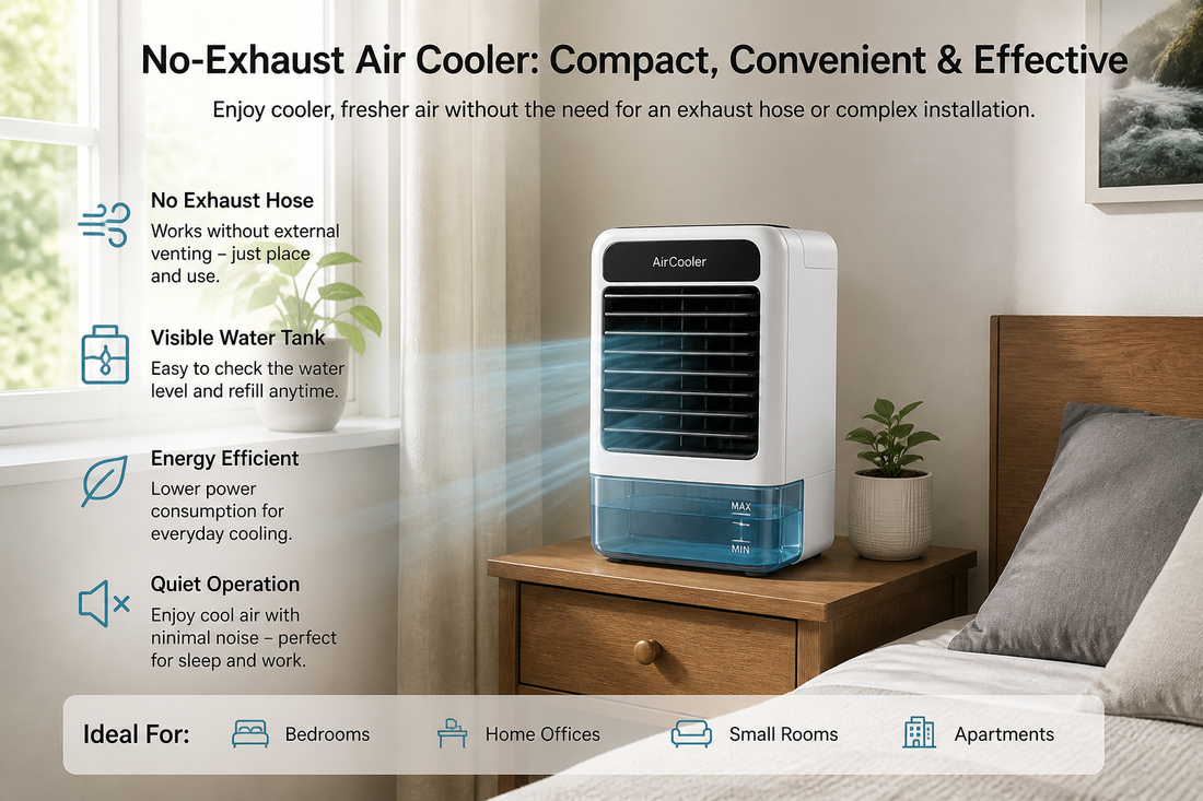 Compact no-exhaust evaporative air cooler on a bedside table in a small room