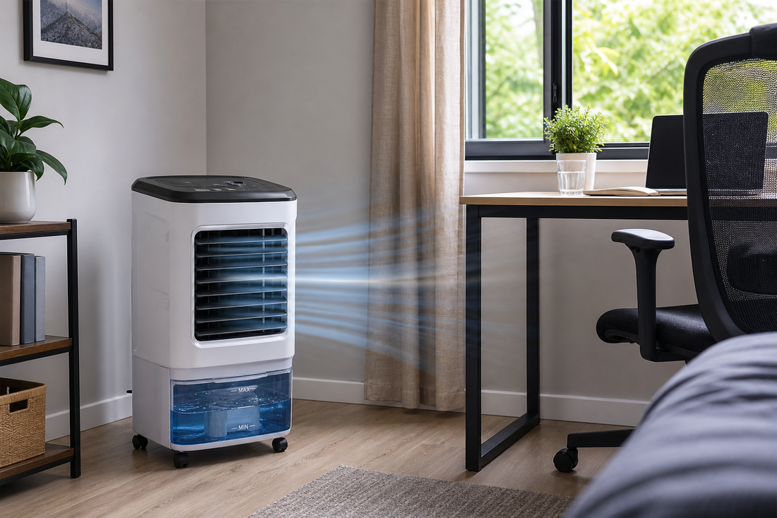 Portable air cooler placed near a desk in a small room.