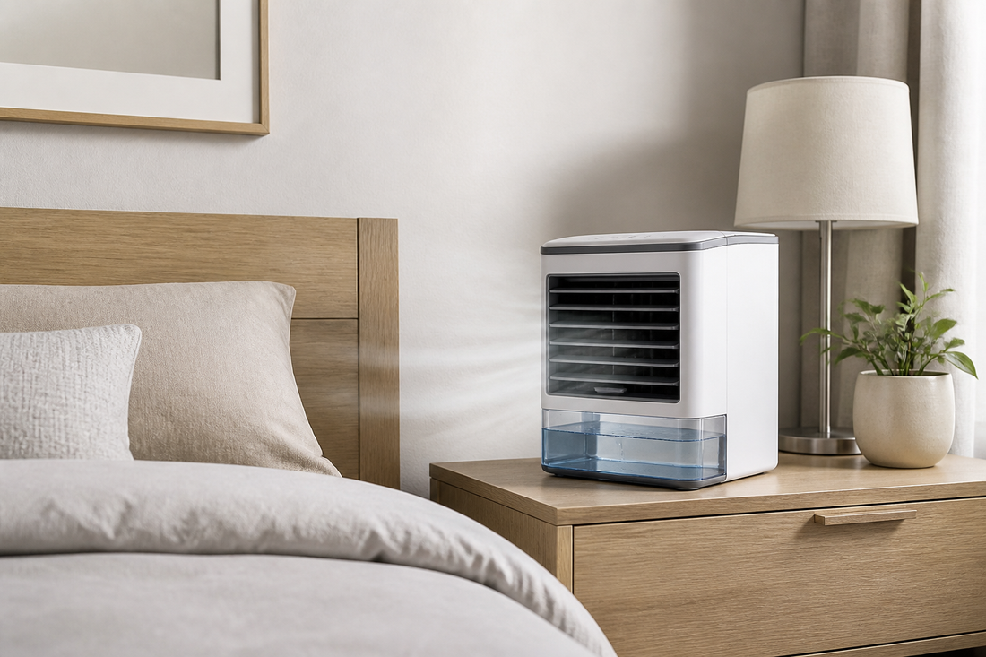 Compact quiet air cooler on a bedside table in a bedroom.