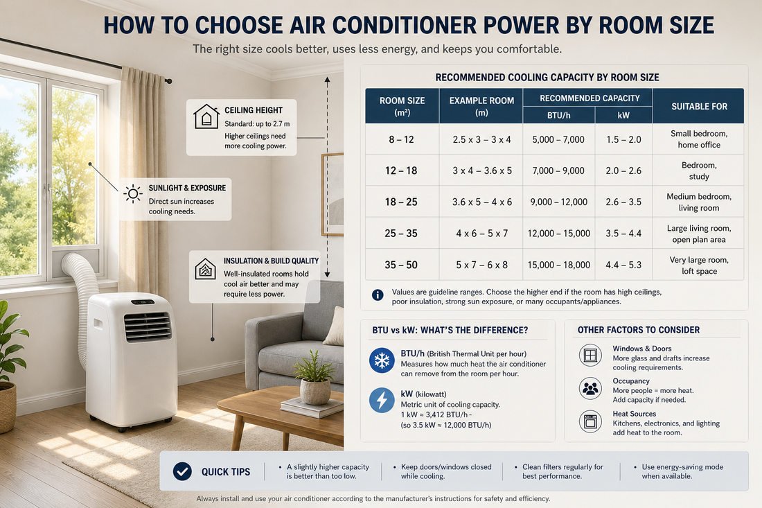 Portable air conditioner in a room with a sizing chart showing room area, BTU, and kilowatt guidance.