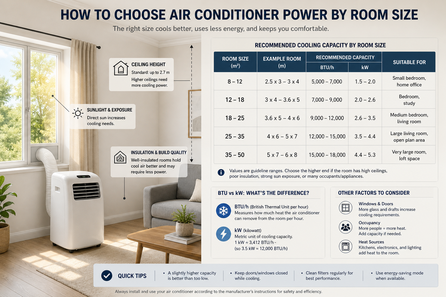 Portable air conditioner in a room with a sizing chart showing room area, BTU, and kilowatt guidance.