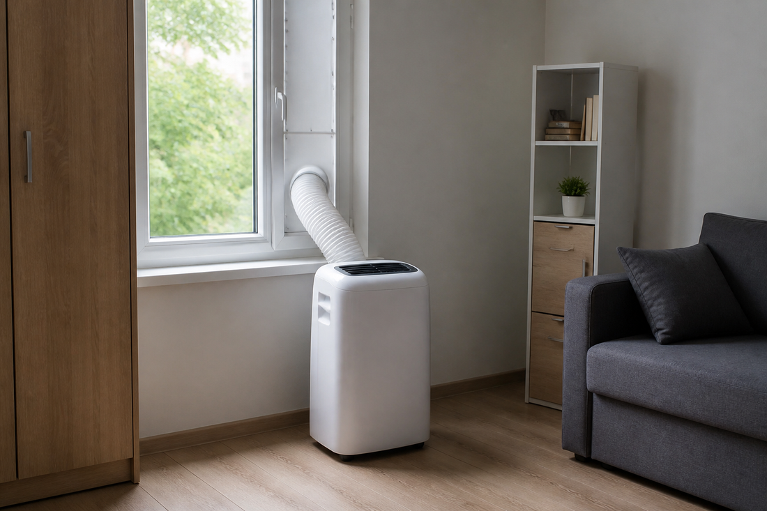 Portable air conditioner installed near a sealed window in a medium-size room